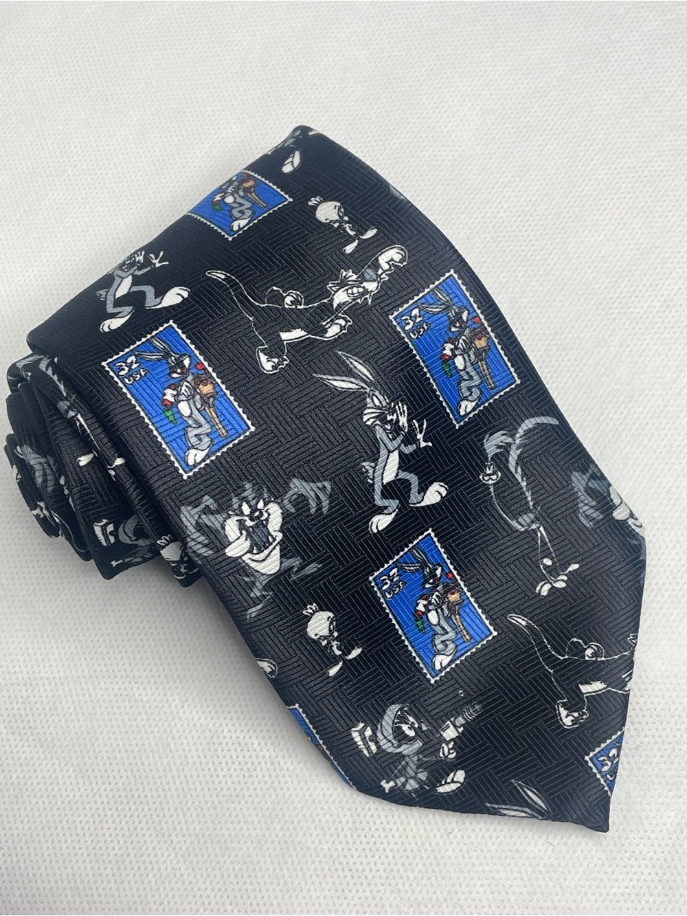 VTG 1997 Warner Bros. Looney Tunes Stamp Collection Necktie Bunny Taz Black USA